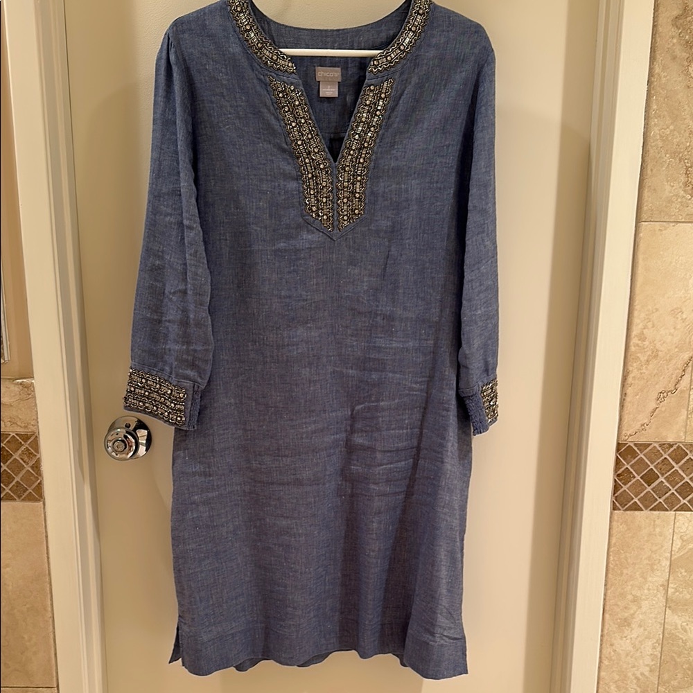 Chico's Long Sleeve Blue Dress with Embellishments